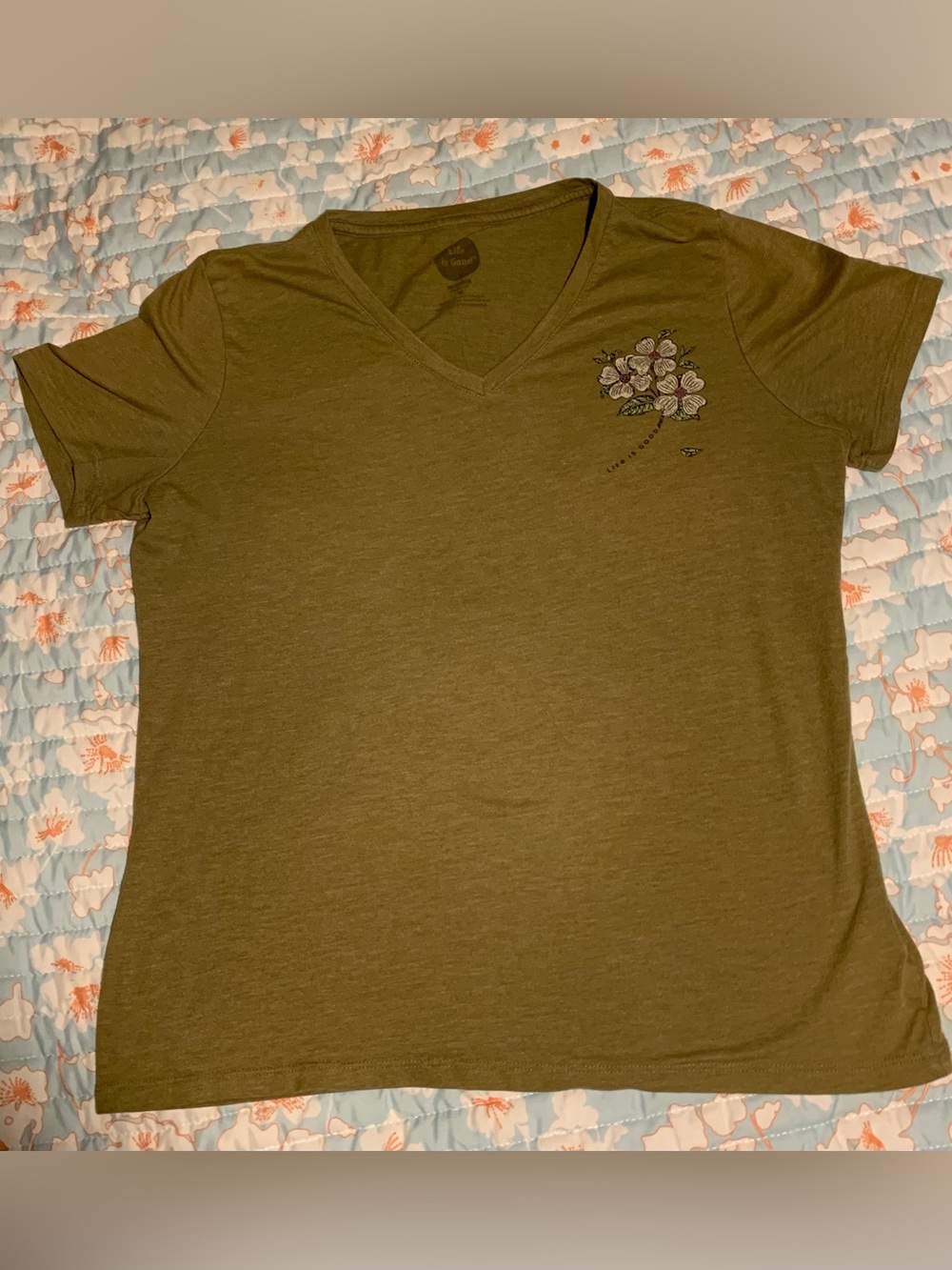 Life Is Good Olive V-Neck Tee with Floral Chest Embroidery